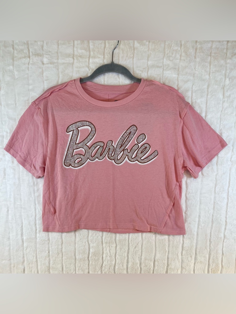 Barbie Pink Rhinestone Cropped Graphic T-Shirt Bling Logo Small NWT
